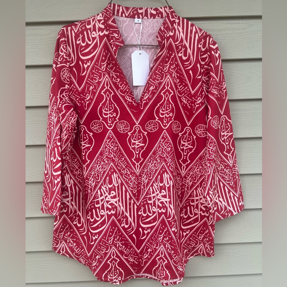 NWT Red and White silky blouse Size Small Made with Love Brand
